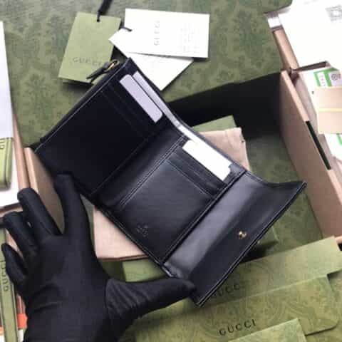 Gucci 标志性双G五金钱包 474802黑色全皮