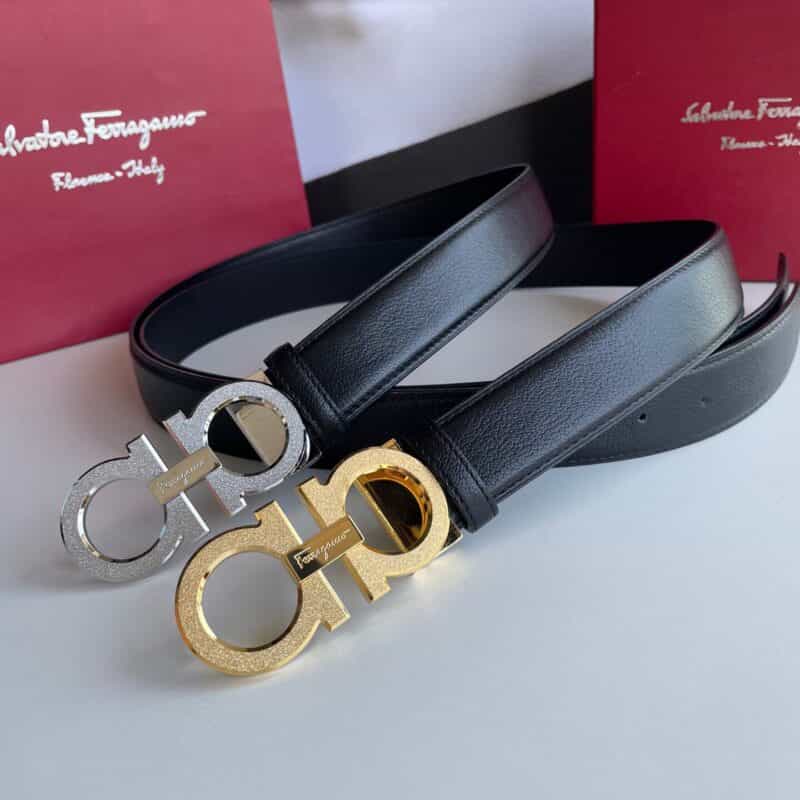 Ferragamo菲拉格慕男士精钢滚砂金属夹扣，头层牛皮羊纹理腰带3.5cm