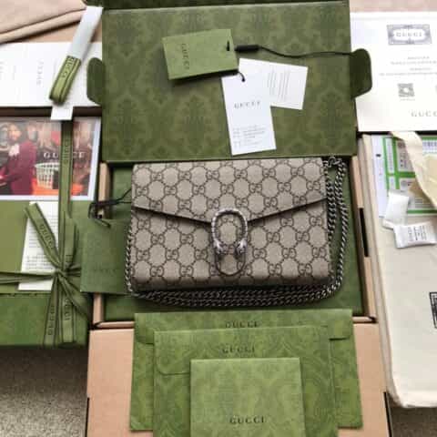 Gucci 环保pvc配真皮链式迷你手袋/钱包 401231 帆布/卡其皮 