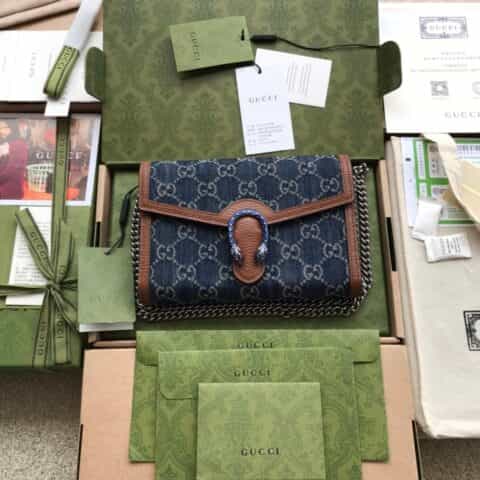 Gucci 丹宁面料配真皮链式迷你手袋/钱包 401231 蓝丹宁/棕皮