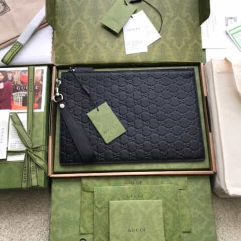 Gucci 进口牛皮手拿包 473950黑压全皮