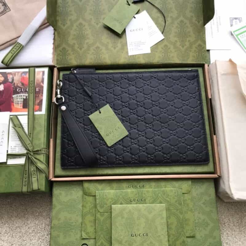 Gucci 进口牛皮手拿包 473950黑压全皮