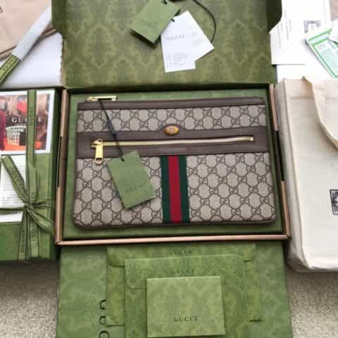 Gucci Ophidia系列高级帆布手拿包 517551 帆布/啡皮 