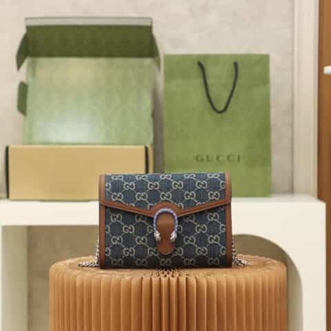 Gucci Dionysus系列丹宁牛仔面料Woc链条钱夹包 401231