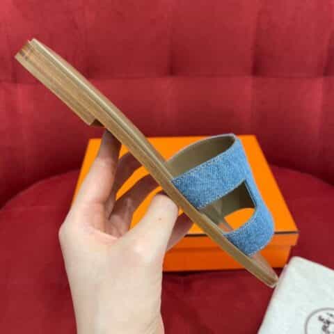 Hermès爱马仕   牛仔面料意大利真皮大底拖鞋