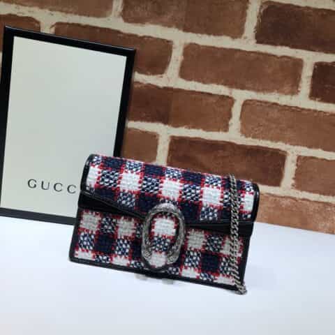 GUCCI古驰蓝格子链条单肩斜挎包476432