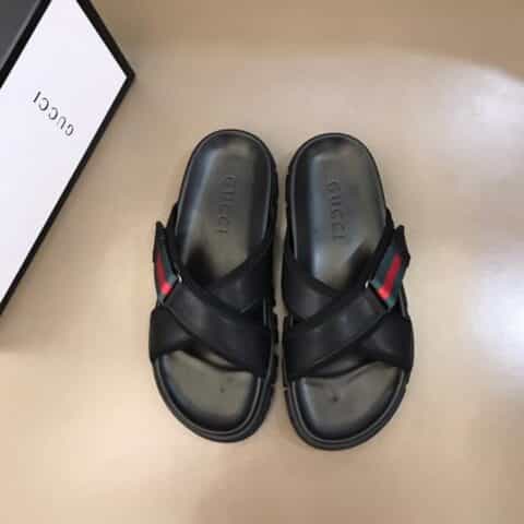 GUCCI古驰   进口头层牛皮拼接品牌织带G家高端男士拖鞋