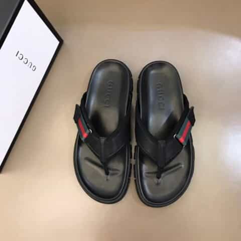 GUCCI古驰   进口头层牛皮拼接品牌织带G家高端男士拖鞋