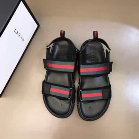 GUCCI古驰   进口头层牛皮拼接品牌织带G家高端男士拖鞋