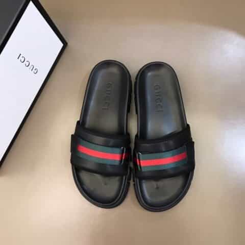 GUCCI古驰   进口头层牛皮拼接品牌织带G家高端男士拖鞋