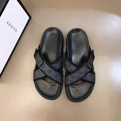 GUCCI古驰   进口头层牛皮拼接品牌织带G家高端男士拖鞋