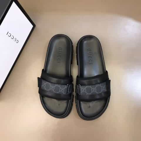 GUCCI古驰   进口头层牛皮拼接品牌织带G家高端男士拖鞋