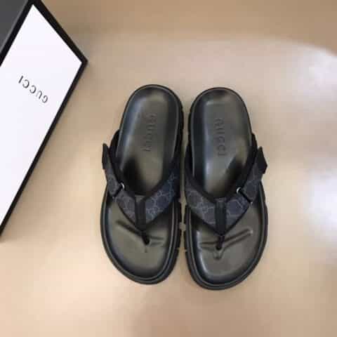 GUCCI古驰   进口头层牛皮拼接品牌织带G家高端男士拖鞋