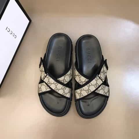 GUCCI古驰   进口头层牛皮拼接品牌织带G家高端男士拖鞋