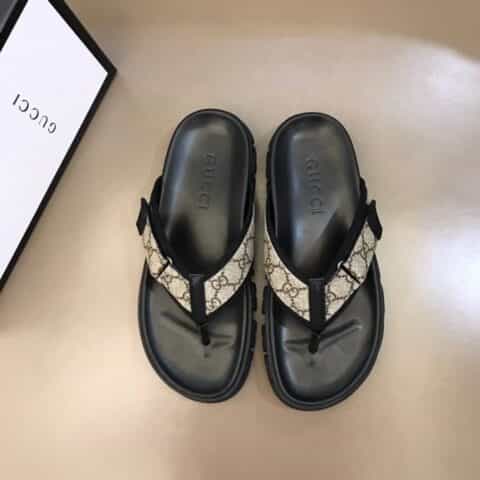 GUCCI古驰   进口头层牛皮拼接品牌织带G家高端男士拖鞋