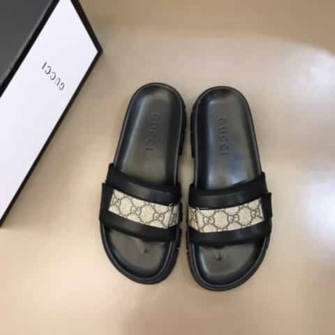 GUCCI古驰   进口头层牛皮拼接品牌织带G家高端男士拖鞋