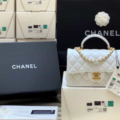 Chanel CF大mini带手腕版本珠光羊皮 AS2431白色