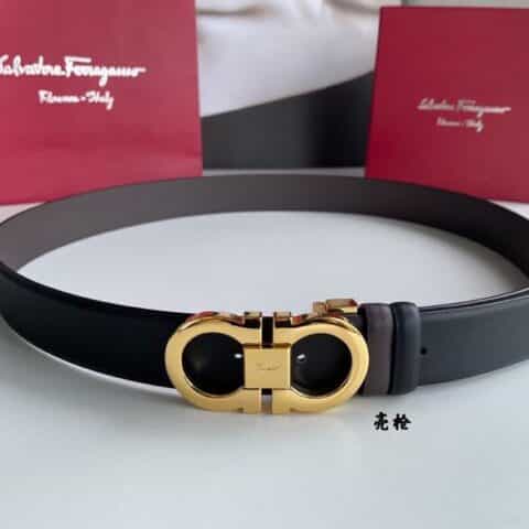 Salvatore  Ferragamo菲拉格慕男士3.5cm精致专柜版型双圈马蹄金属扣腰带