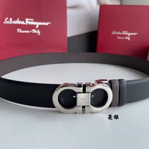 Salvatore  Ferragamo菲拉格慕男士3.5cm精致专柜版型双圈马蹄金属扣腰带