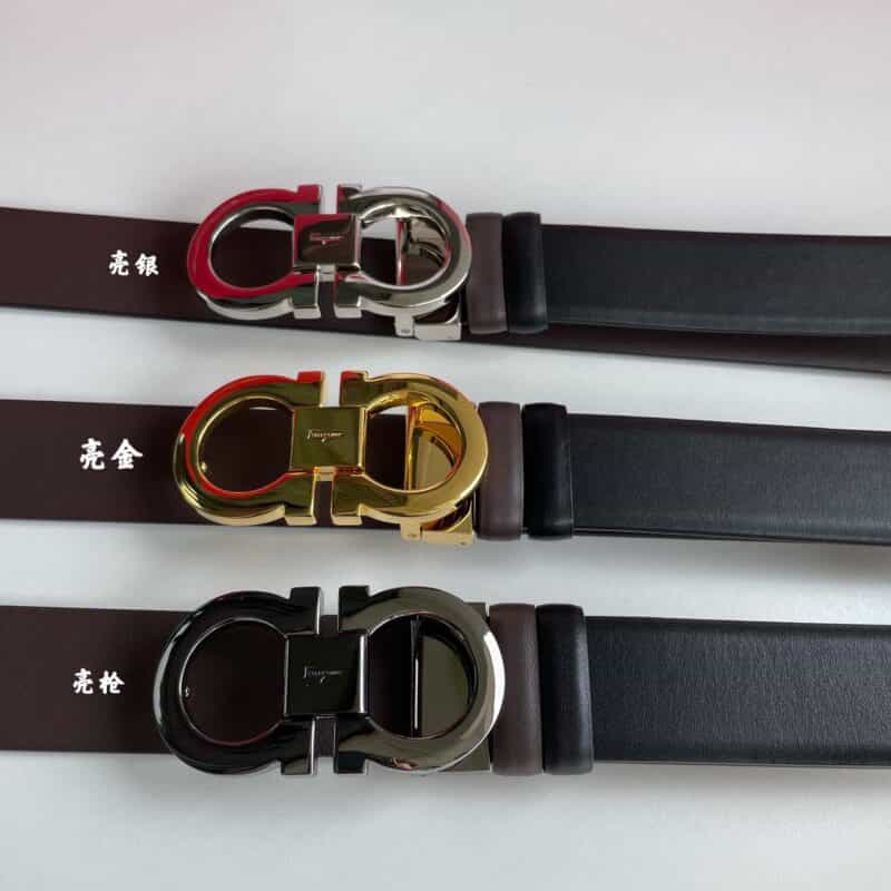 Salvatore  Ferragamo菲拉格慕男士3.5cm精致专柜版型双圈马蹄金属扣腰带
