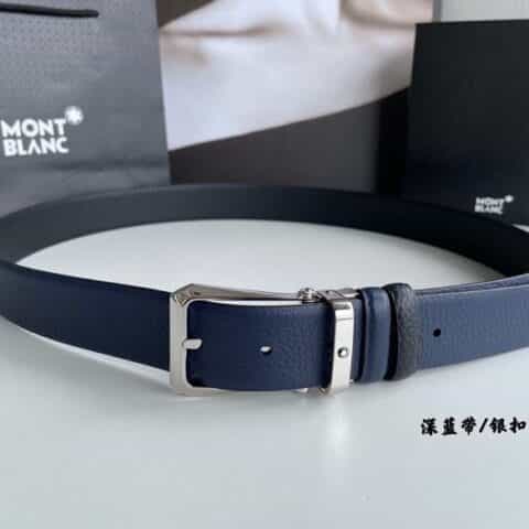 MONTBLANC万宝龙3.5宽简洁款六芒星别致针式金属扣头层牛皮双面用腰带