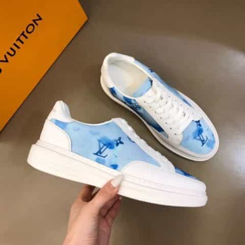 LV/路易威登    黑色头层牛皮拼接印花帆布鞋面新品男士高端休闲运动鞋