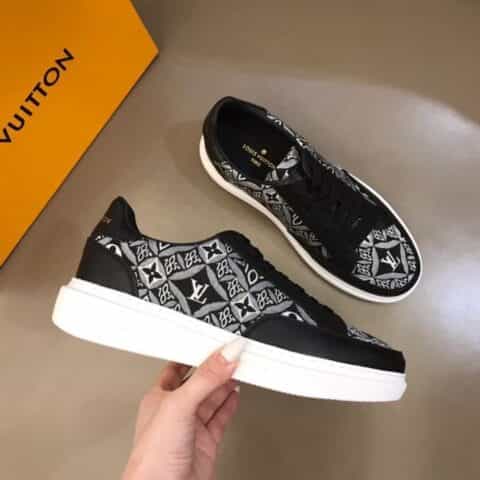 LV/路易威登    黑色头层牛皮拼接印花帆布鞋面新品男士高端休闲运动鞋
