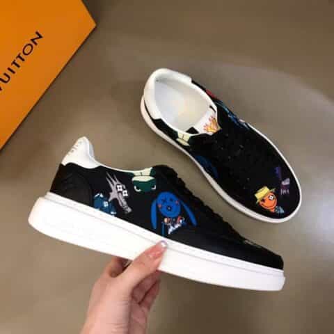 LV/路易威登    黑色头层牛皮拼接印花帆布鞋面新品男士高端休闲运动鞋