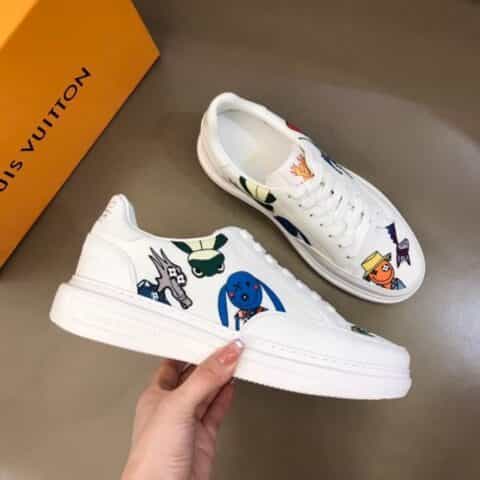 LV/路易威登    黑色头层牛皮拼接印花帆布鞋面新品男士高端休闲运动鞋