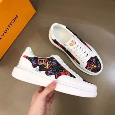 LV/路易威登    黑色头层牛皮拼接印花帆布鞋面新品男士高端休闲运动鞋