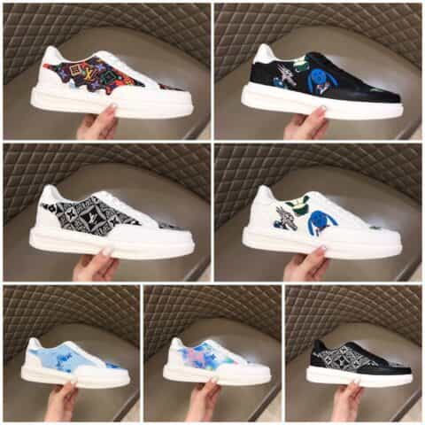 LV/路易威登    黑色头层牛皮拼接印花帆布鞋面新品男士高端休闲运动鞋