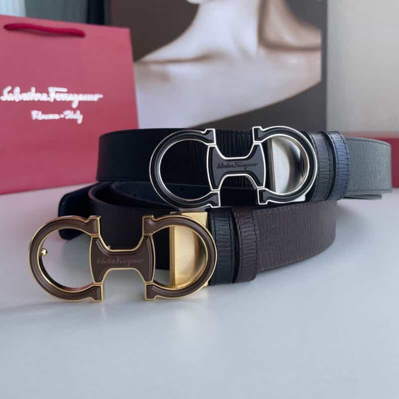 Ferragamo菲拉格慕男士精致亚克力金属扣头层牛皮双面外用腰带3.5cm