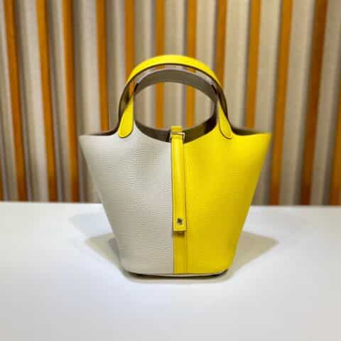Hermès Picotin 18cm clemence皮 菜篮子 奶昔白拼那不勒斯黄/银扣