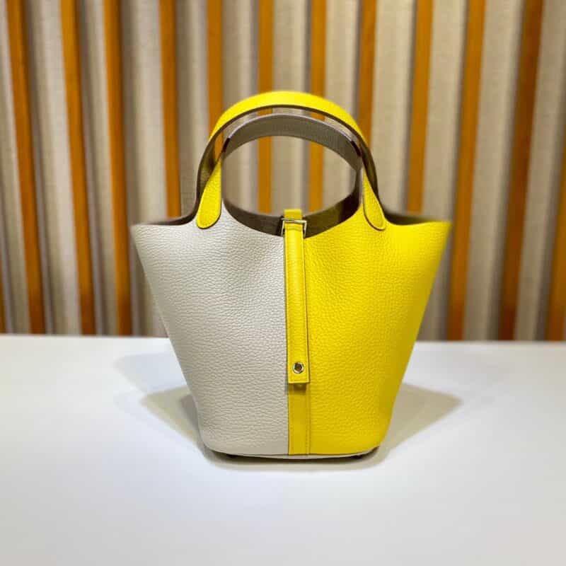 Hermès Picotin 18cm clemence皮 菜篮子 奶昔白拼那不勒斯黄/银扣
