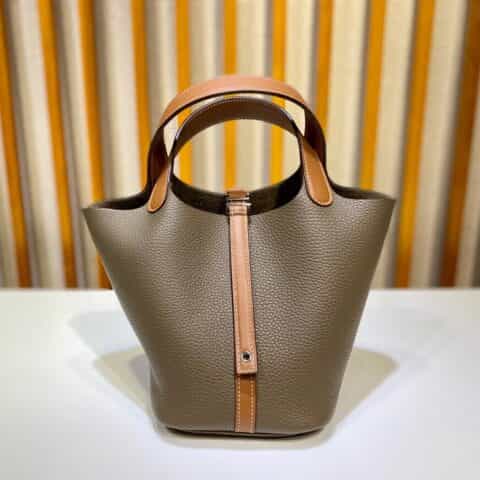 Hermès Picotin 18cm clemence皮 菜篮子 大象灰拼手挽金棕/银扣