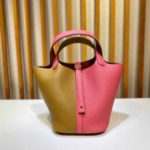 Hermès Picotin 18cm clemence皮 菜篮子 芝麻黄拼唇膏粉/金扣