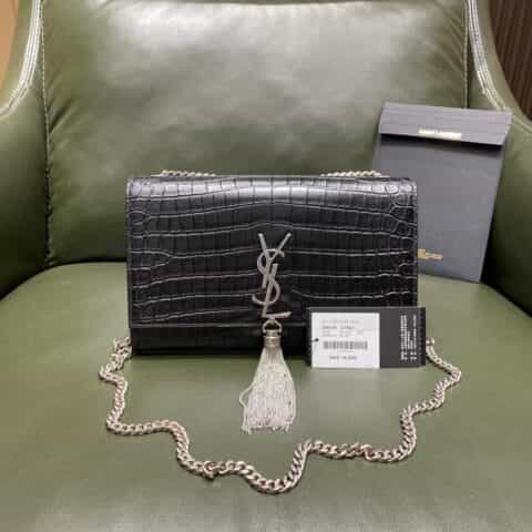 Saint laurent Ysl Kate 24CM 流苏链条包 354119黑色鳄鱼纹银扣