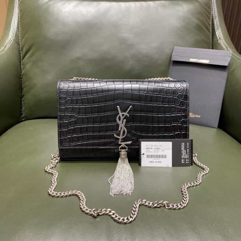 Saint laurent Ysl Kate 24CM 流苏链条包 354119黑色鳄鱼纹银扣