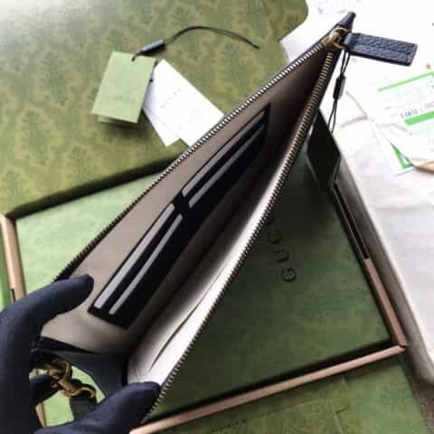 Gucci新款黄铜色小蜜蜂手拿包 523684黑色全皮
