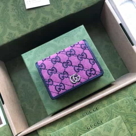 Gucci GG 钻石菱格纹图案卡包 466492粉色帆布/蓝皮