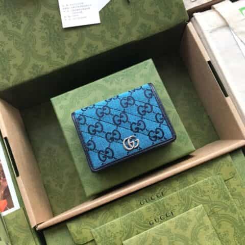 Gucci GG 钻石菱格纹图案卡包 466492蓝色帆布/红皮