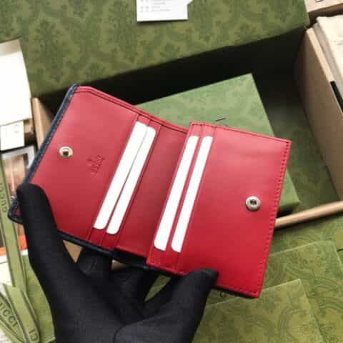 Gucci GG 钻石菱格纹图案卡包 466492蓝色帆布/红皮