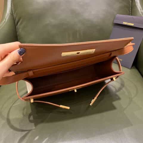 Saint laurent Ysl Manhattan焦糖色拼帆布签纹曼哈顿法棍包579271