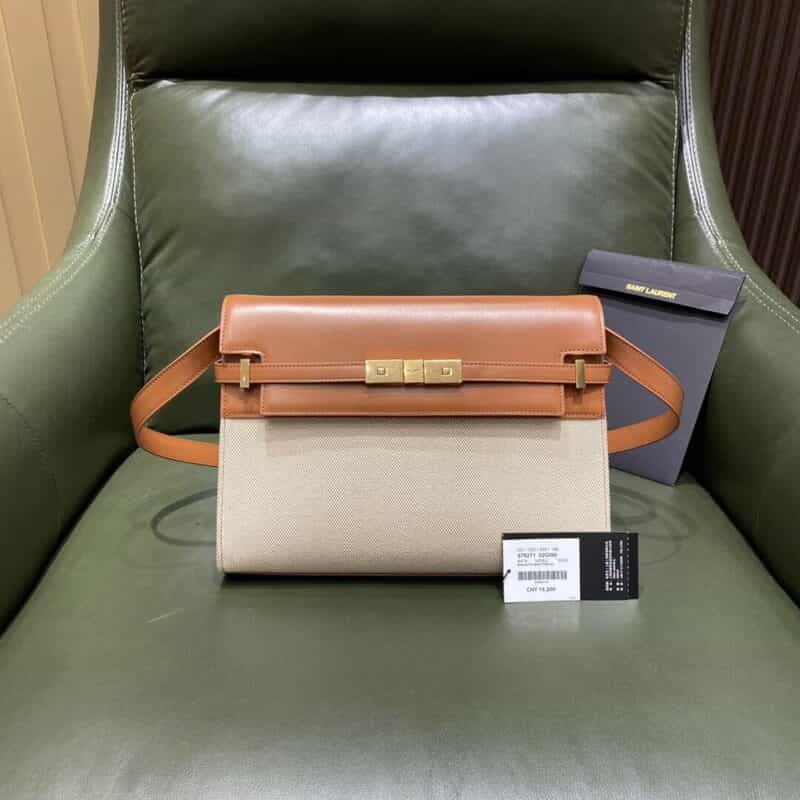 Saint laurent Ysl Manhattan焦糖色拼帆布签纹曼哈顿法棍包579271