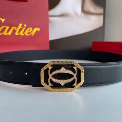 Cartier卡地亚   精钢双C镶嵌钻金属扣头层牛皮羊纹理腰带3.5cm