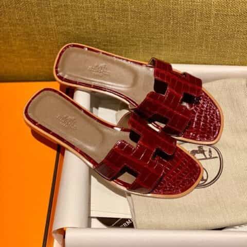 Hermes爱马仕crocodile师傅级一对一手工制作进口亮面鳄鱼皮H 经典平拖