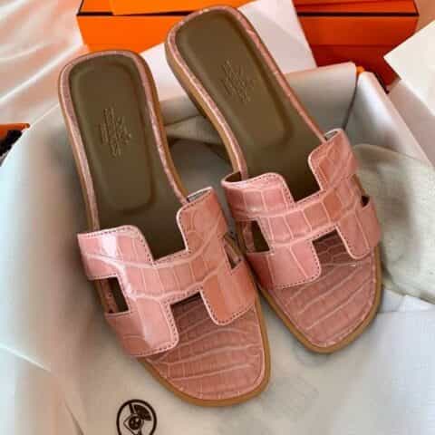 Hermes爱马仕crocodile师傅级一对一手工制作进口亮面鳄鱼皮H 经典平拖
