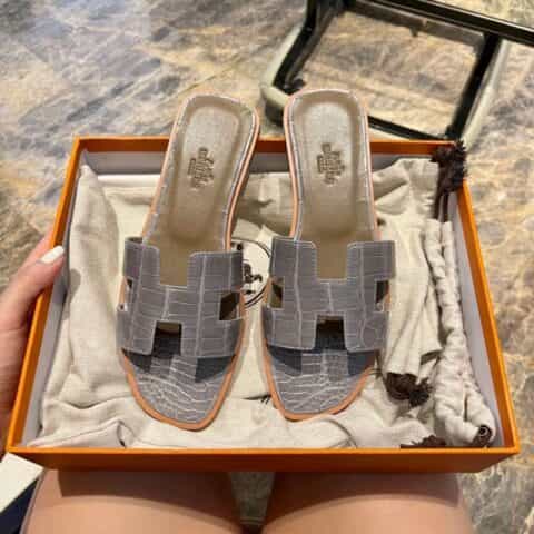 Hermes爱马仕crocodile师傅级一对一手工制作进口亮面鳄鱼皮H 经典平拖