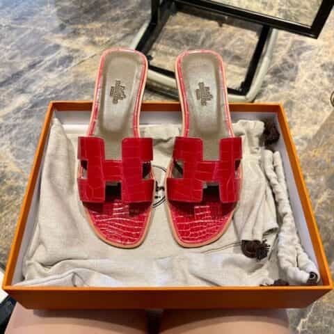 Hermes爱马仕crocodile师傅级一对一手工制作进口亮面鳄鱼皮H 经典平拖