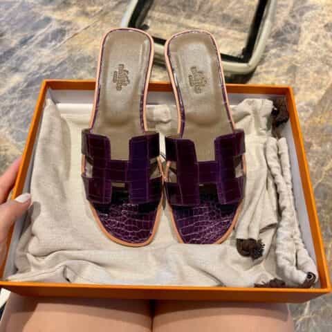 Hermes爱马仕crocodile师傅级一对一手工制作进口亮面鳄鱼皮H 经典平拖